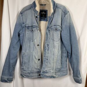 Hollister Sherpa-Lined Denim Trucker Jacket in a light blue wash.